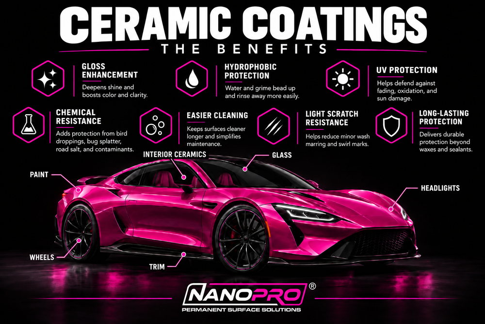 Ceramic coatings, the benefits: gloss enhancement, hydrophobic protection, UV protection, chemical resistance, easier cleaning, light scratch resistance and long-lasting protection. NanoPro, Permanent Surface Solutions.