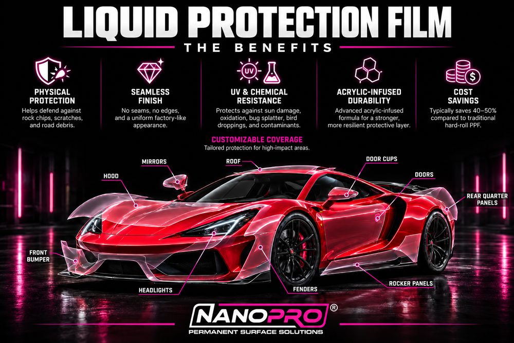 Liquid protection film, the benefits: physical protection, seamless finish, UV and chemical resistance, acrylic-infused durability and cost savings, with customizable coverage. NanoPro, Permanent Surface Solutions.