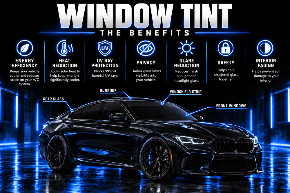 Window tint, the benefits: energy efficiency, heat reduction, UV ray protection that blocks 99% of harmful UV rays, privacy, glare reduction, safety and protection from interior fading.