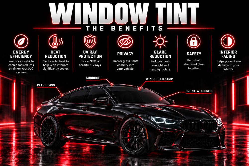 Window tint, the benefits: energy efficiency, heat reduction, UV ray protection that blocks 99% of harmful UV rays, privacy, glare reduction, safety and protection from interior fading, for the front windows, rear glass, sunroof and windshield strip.